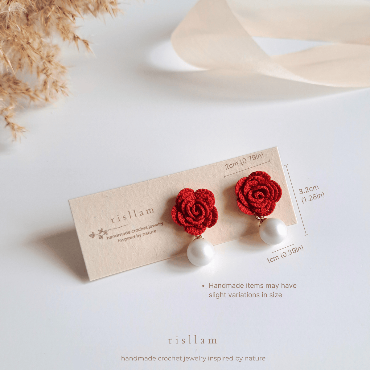 Red Crochet Rose Pearl Earrings, Handmade Floral Studs