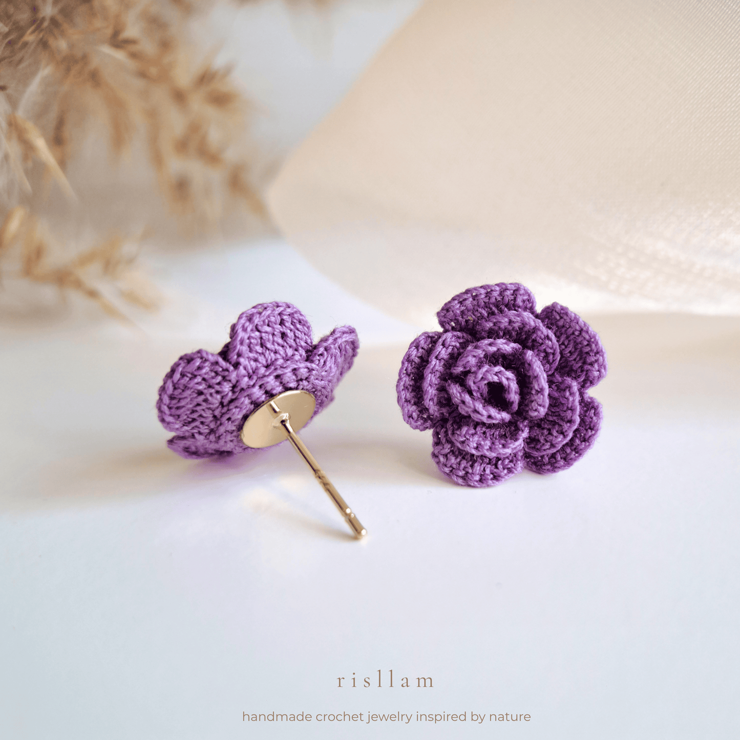 Handmade Crochet Rose Stud Earings -Red, Pink and Purple