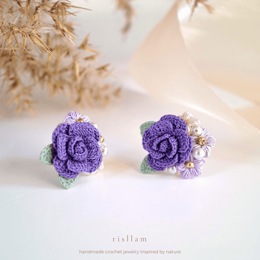 Handmade Crochet Rose & Puff Stud Earings
