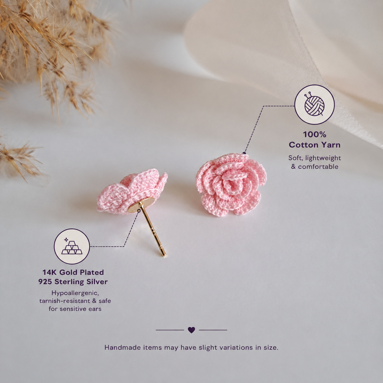 Handmade Crochet Rose Stud Earings -Red, Pink and Purple
