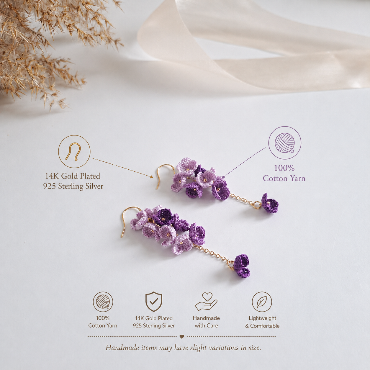 Micro Crochet Purple Blossom Dangle Earings