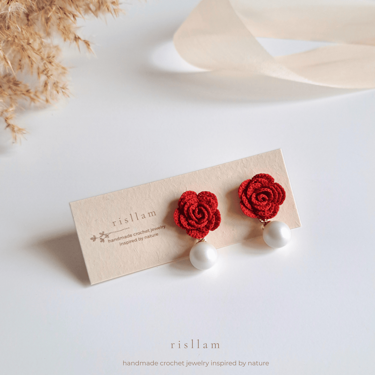 Red Crochet Rose Pearl Earrings, Handmade Floral Studs