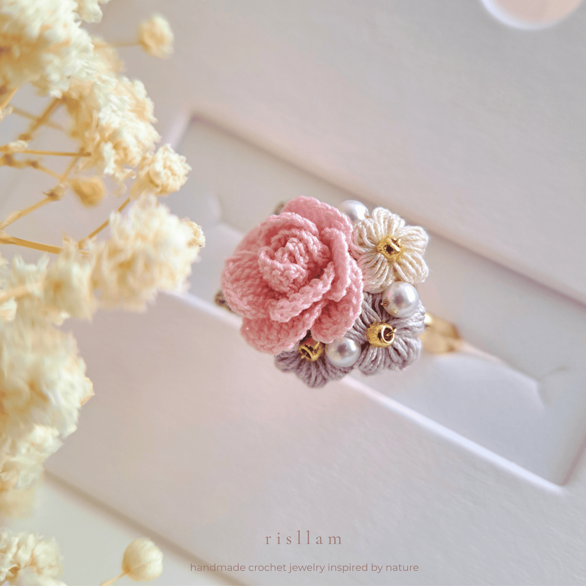 Crochet Rose Ring, Purple & Pink Flower, Handmade Adjustable Floral Jewelry