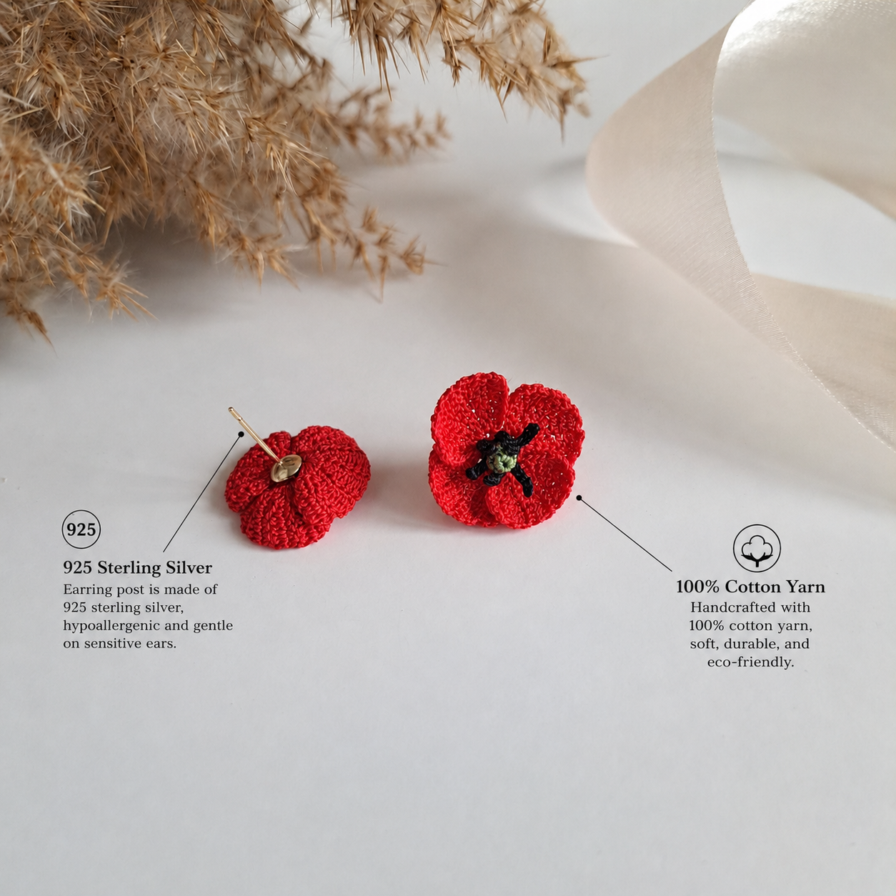 Handmade Crochet Poppy Stud Earrings
