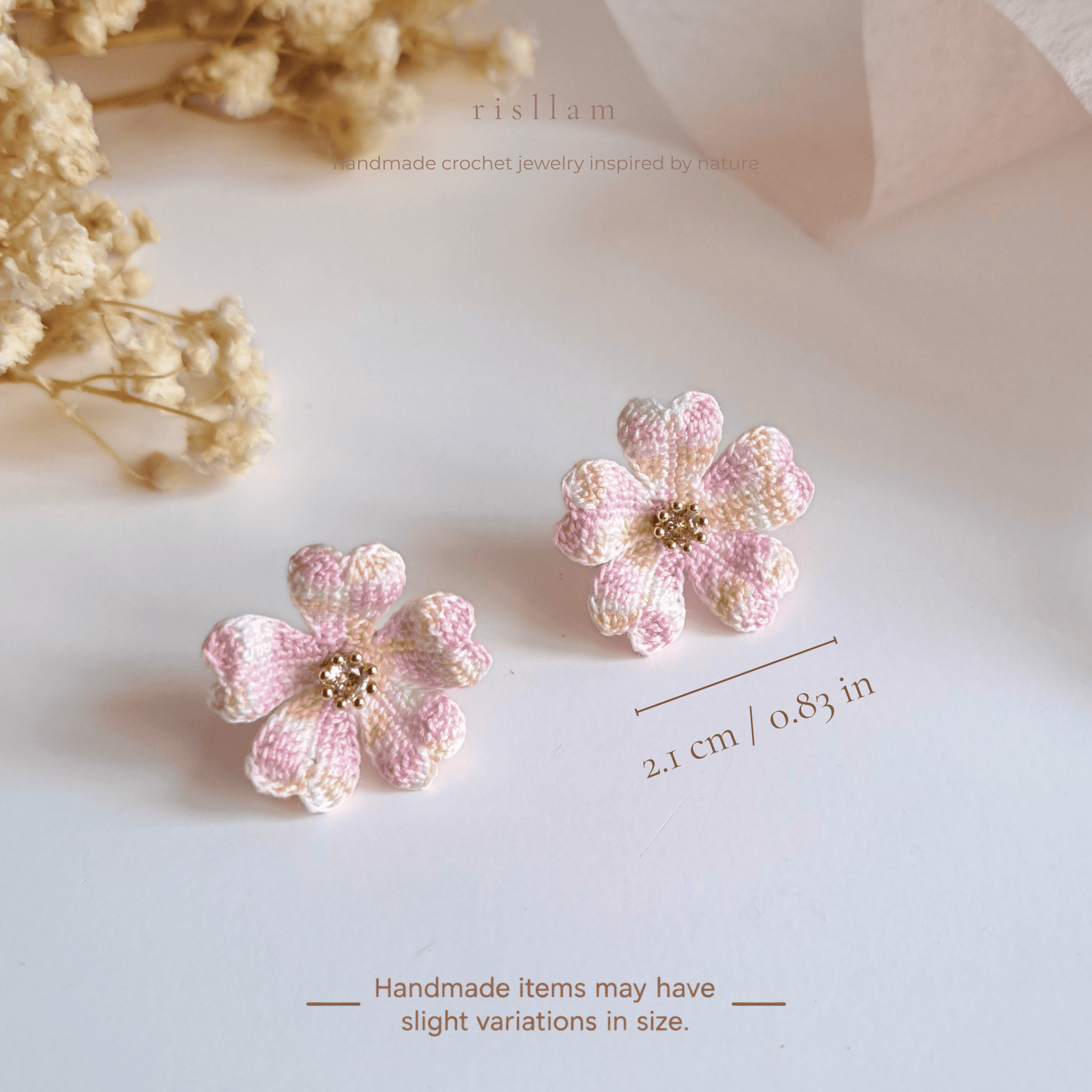 Handmade Crochet Cherry Blossom Stud Earrings