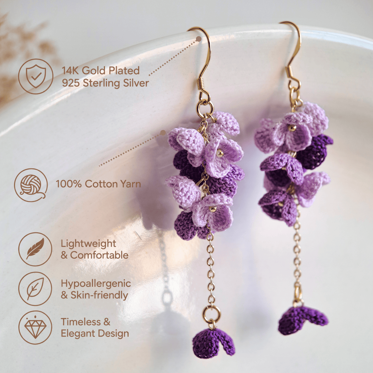 Purple Crochet Flower Dangle Earrings, Micro Crochet Blossom Earrings