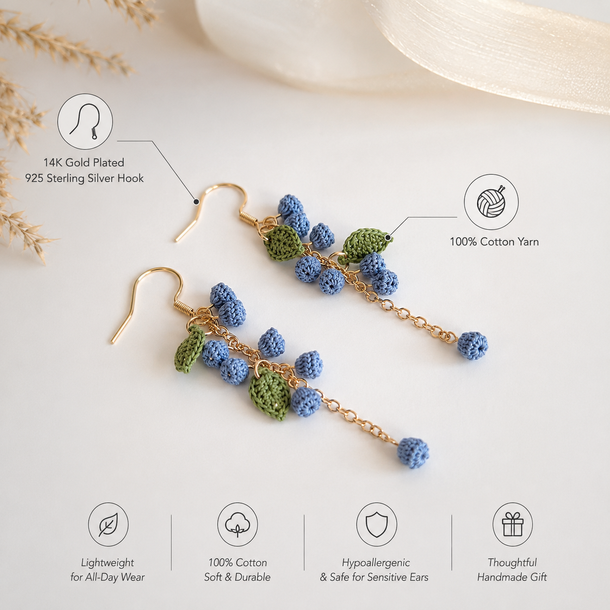 Handmade Crochet Mimosa Flower Dangle Earings