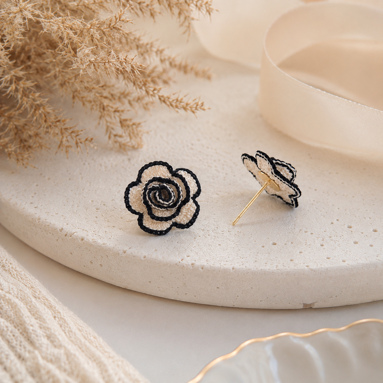 Handmade Crochet Rose Stud Earings