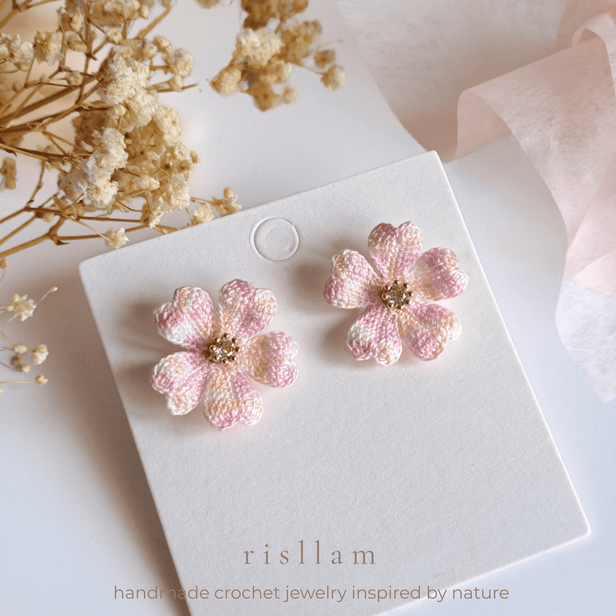 Handmade Crochet Cherry Blossom Stud Earrings