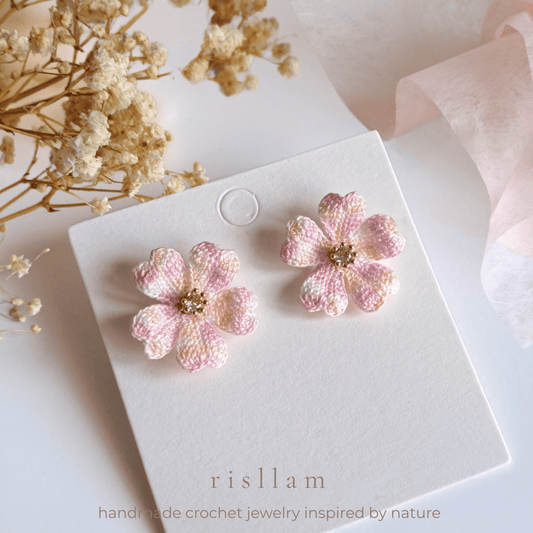 Handmade Crochet Cherry Blossom Stud Earrings