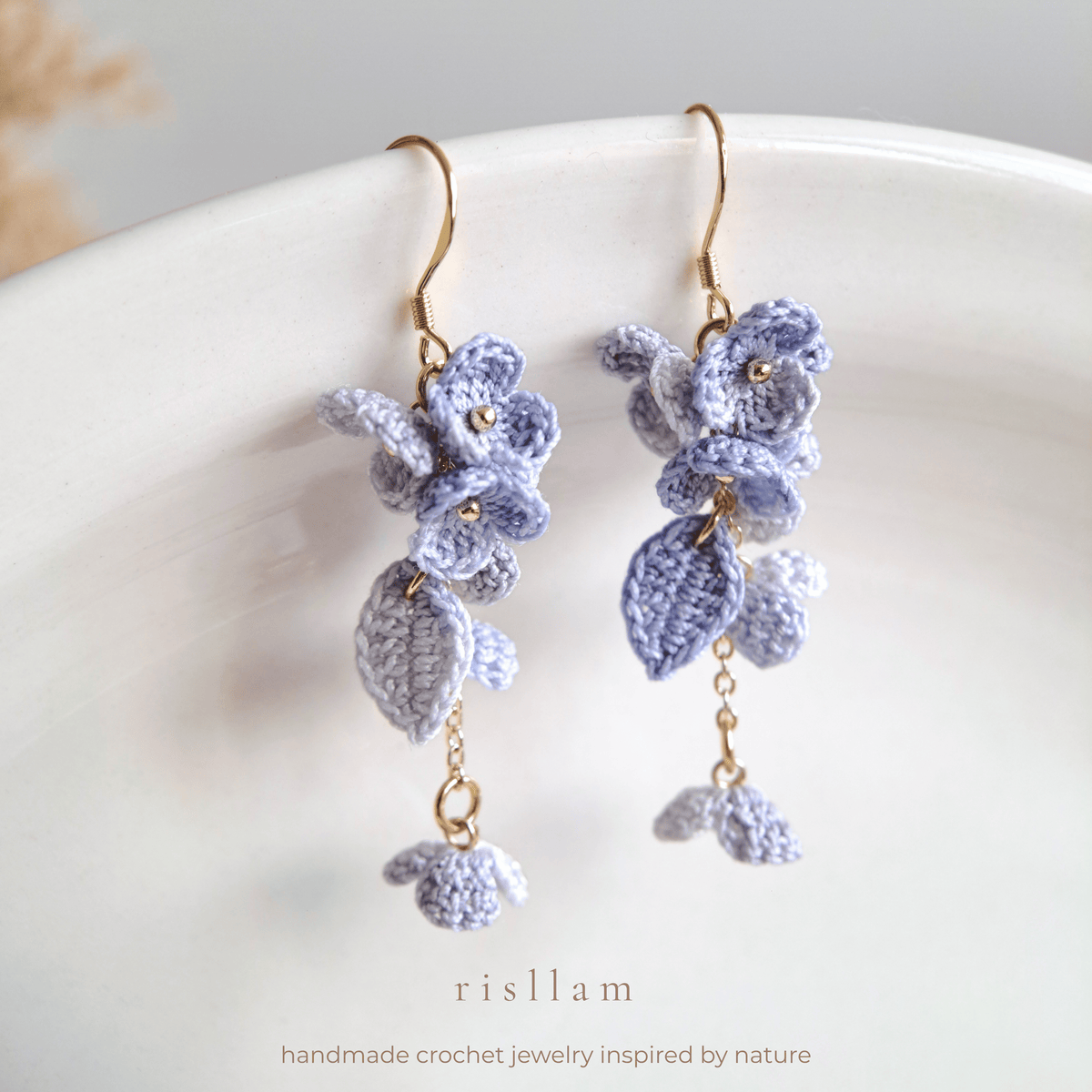 Micro Crochet Blue Flower Dangle Earrings, Handmade Floral Earrings