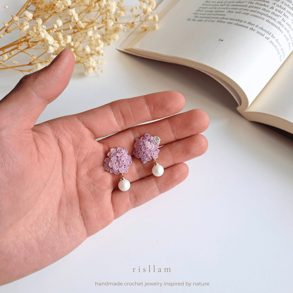 Micro Crochet Hydrangea Drop Earrings with Pearl, Handmade Floral Earrings