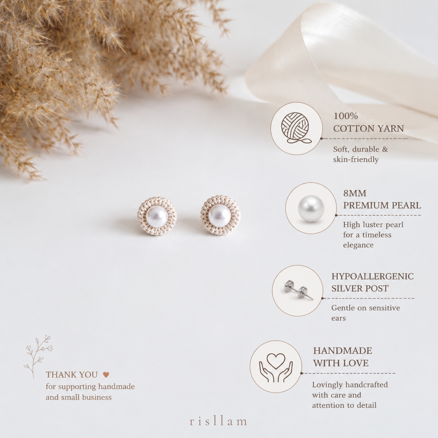 Handmade Crochet Pearl Stud Earrings