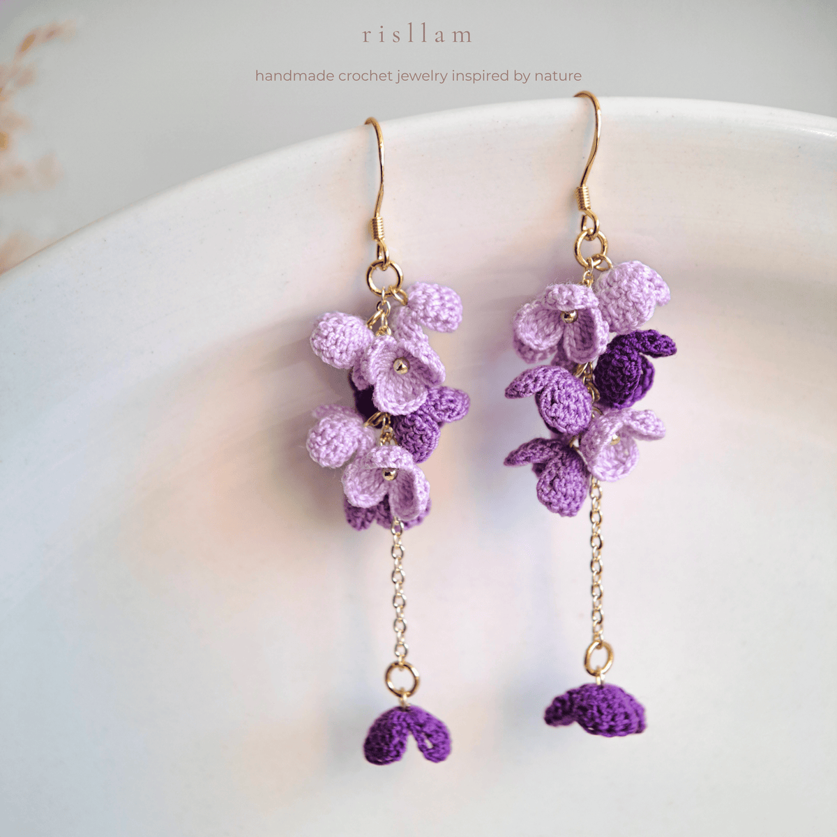 Purple Crochet Flower Dangle Earrings, Micro Crochet Blossom Earrings