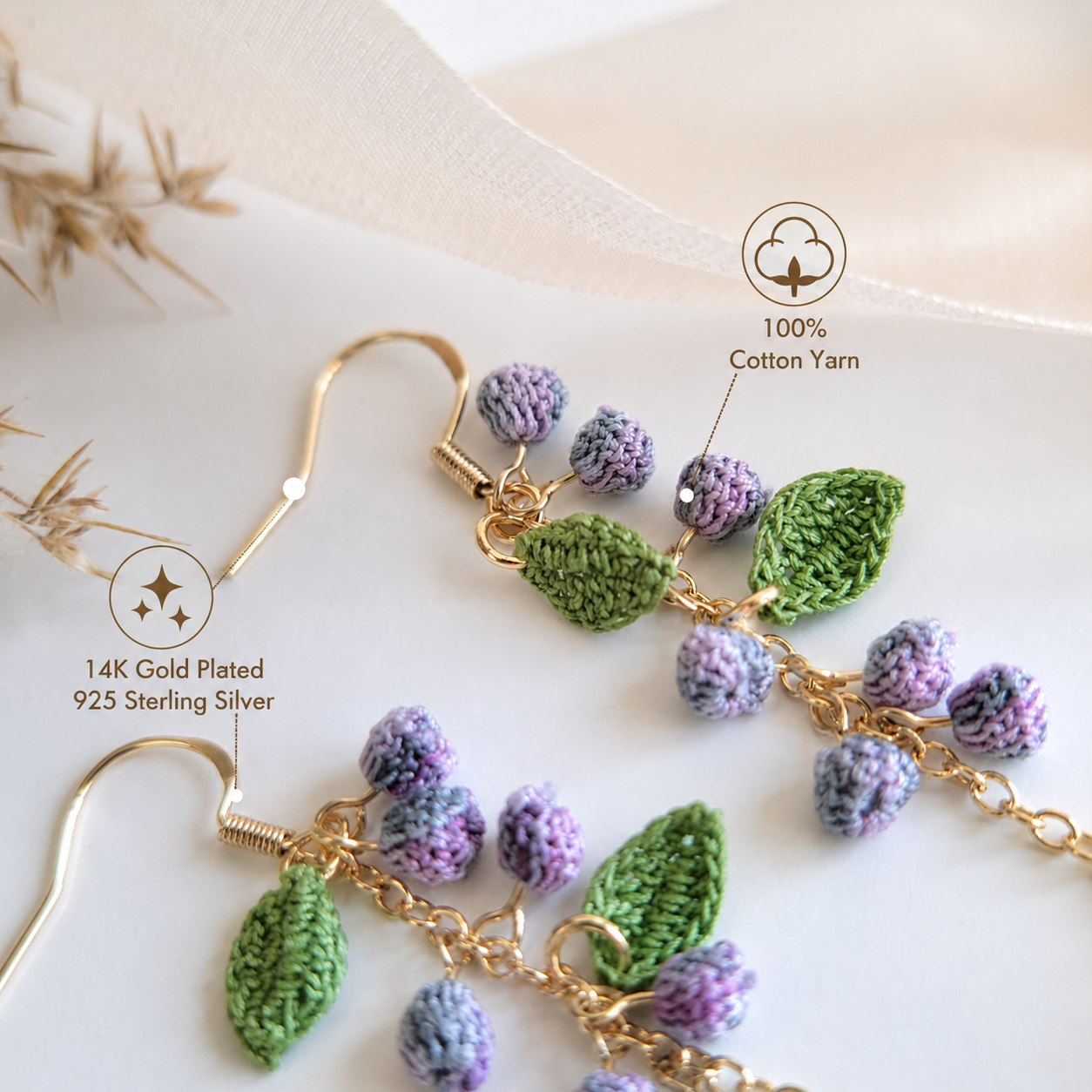 Handmade Crochet Mimosa Flower Dangle Earings
