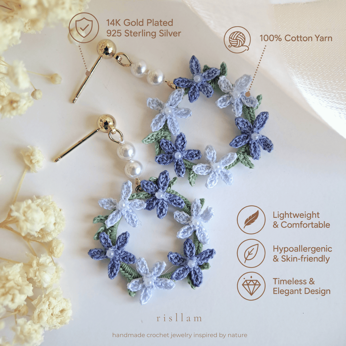 Micro Crochet Flower Wreath Earrings, Hand Dyed Purple Floral Hoop Earrings, 14k Gold Plated 925 Silver, Miniature Lace Jewelry Gift for Her