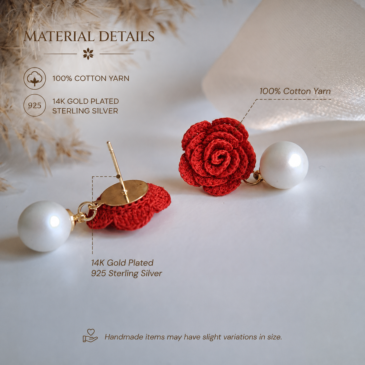 Red Crochet Rose Pearl Earrings, Handmade Floral Studs