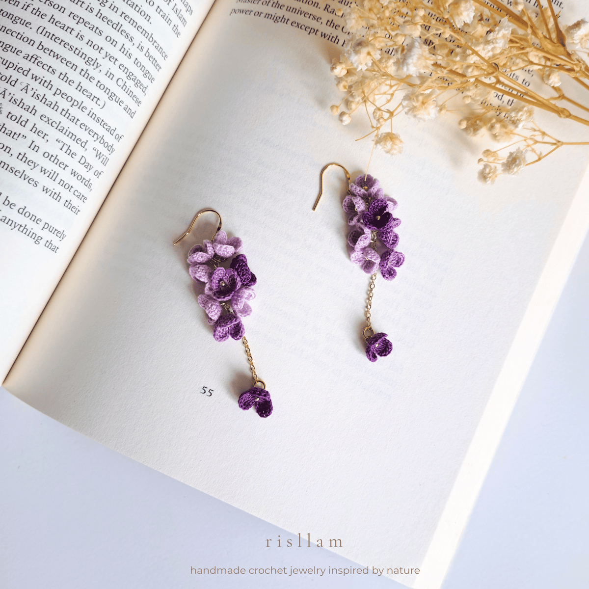 Purple Crochet Flower Dangle Earrings, Micro Crochet Blossom Earrings