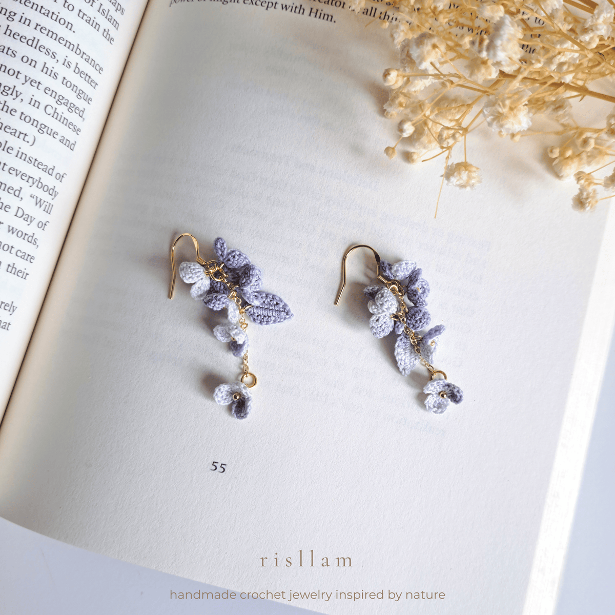 Micro Crochet Blue Flower Dangle Earrings, Handmade Floral Earrings