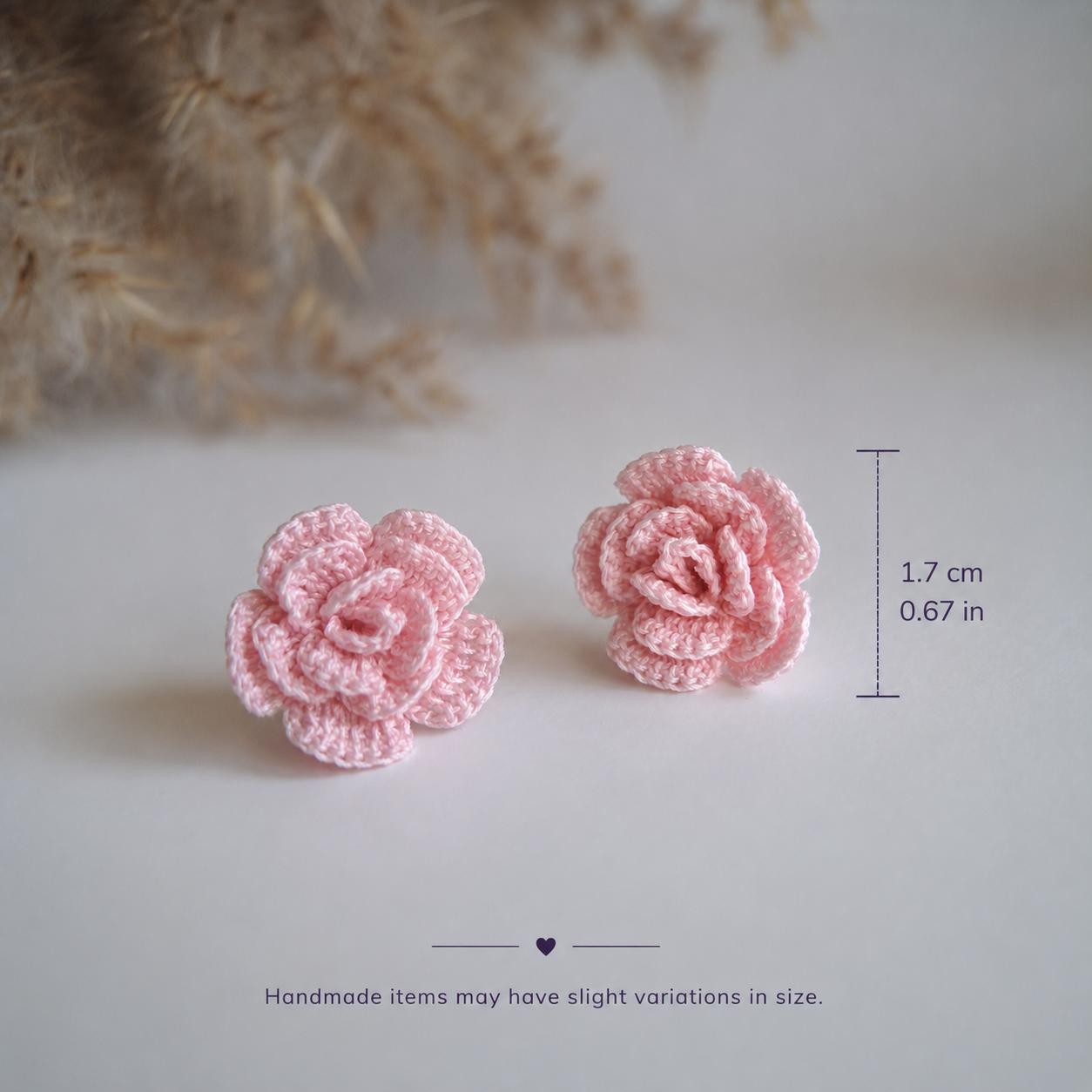 Handmade Crochet Rose Stud Earings -Red, Pink and Purple