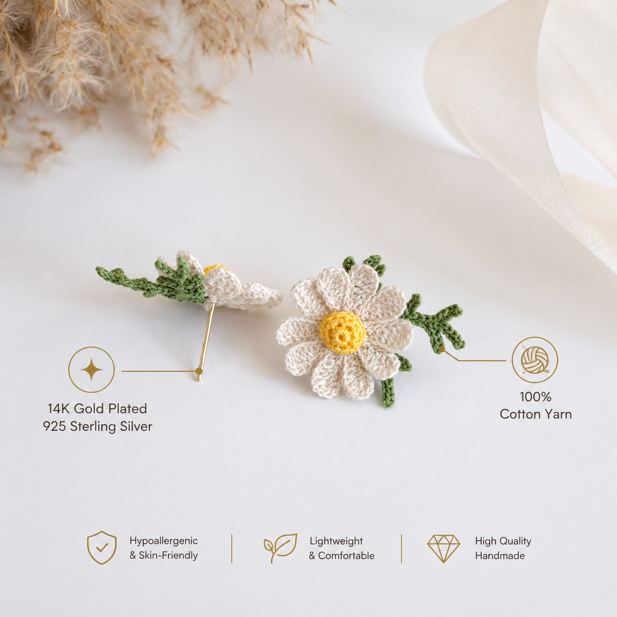 Handmade Crochet Daisy Stud Earings