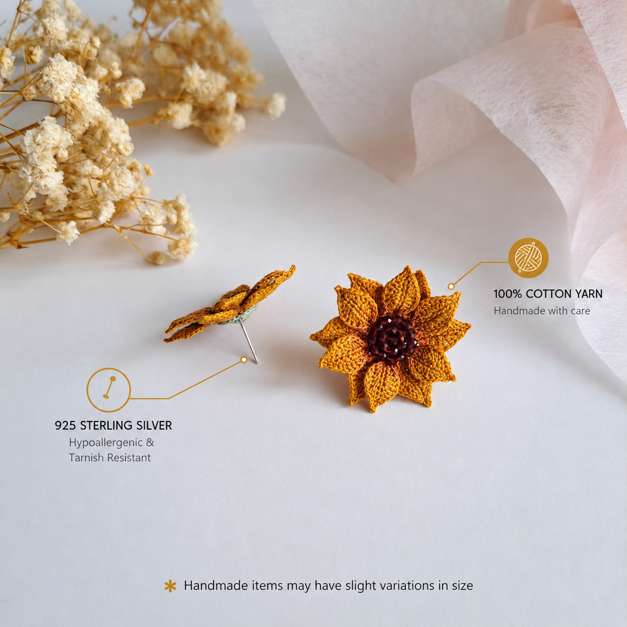 Handmade Crochet sunflower stud earrings