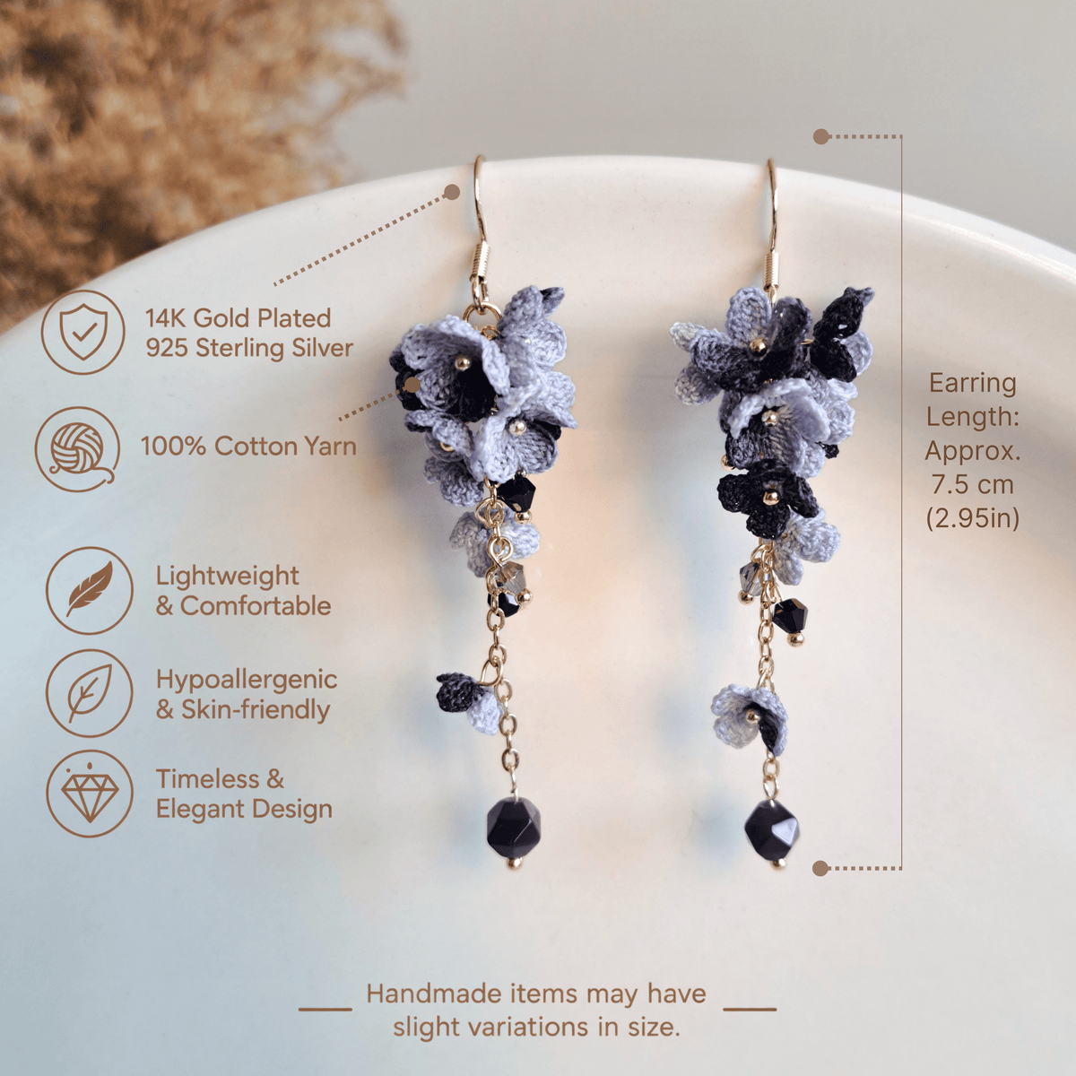 Micro Crochet Black Floral Crystal Dangle Earrings, Black Blossom Cascade Earrings, Romantic floral Statement Earrings, Earrings for Anniversary Dinners