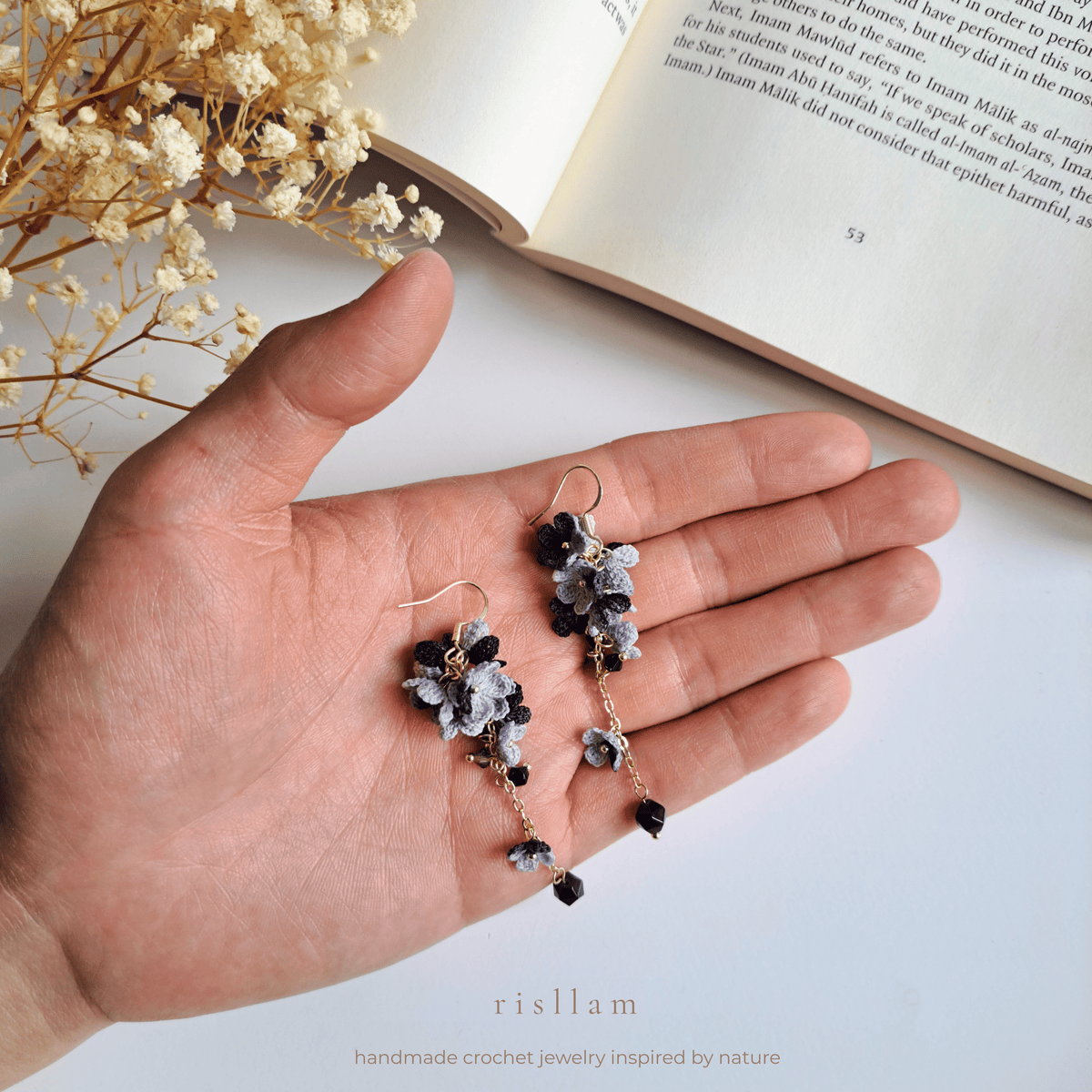 Micro Crochet Black Floral Crystal Dangle Earrings, Black Blossom Cascade Earrings, Romantic floral Statement Earrings, Earrings for Anniversary Dinners