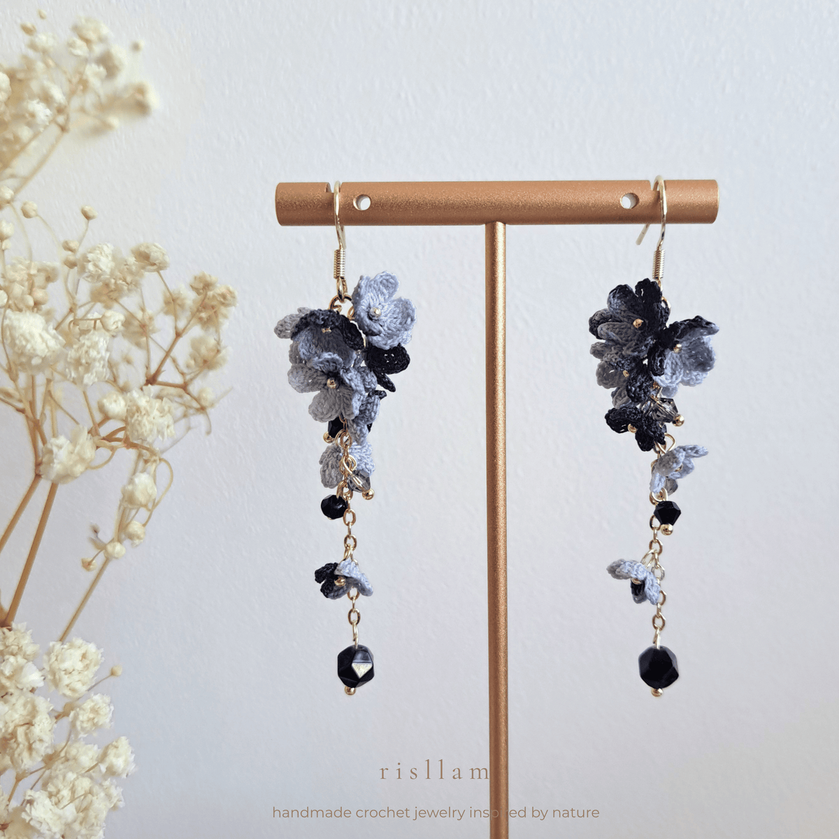 Micro Crochet Black Floral Crystal Dangle Earrings, Black Blossom Cascade Earrings, Romantic floral Statement Earrings, Earrings for Anniversary Dinners