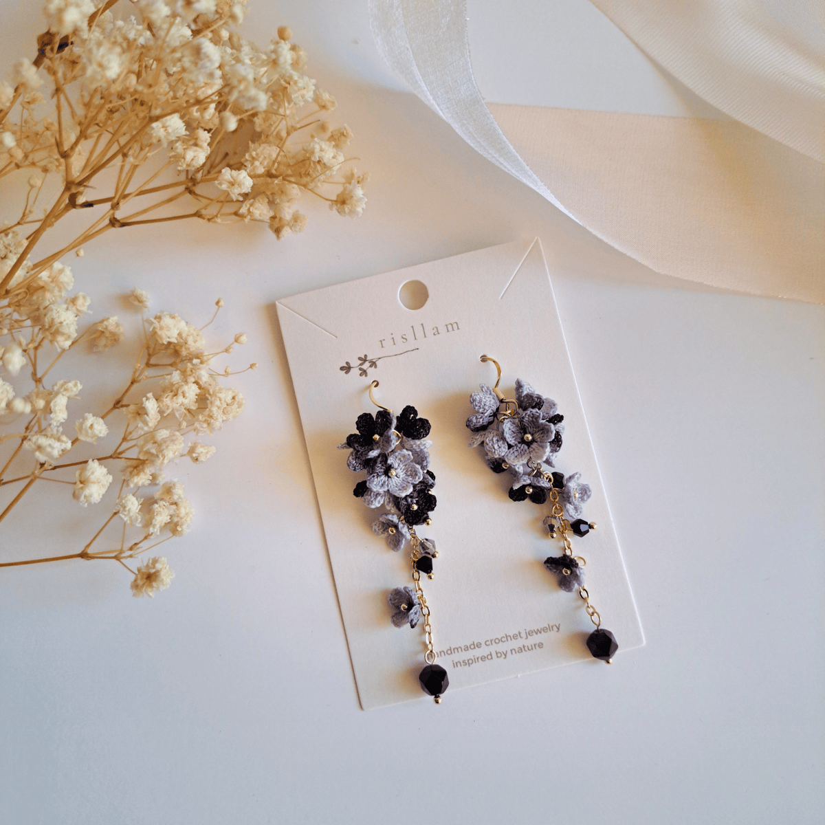 Micro Crochet Black Floral Crystal Dangle Earrings, Black Blossom Cascade Earrings, Romantic floral Statement Earrings, Earrings for Anniversary Dinners