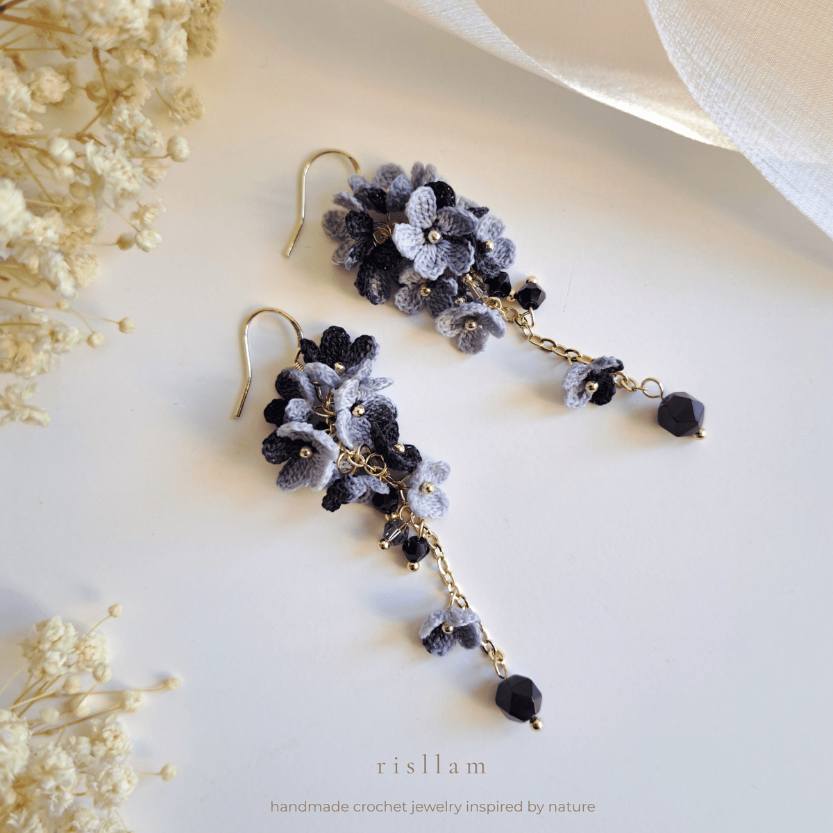 Micro Crochet Black Floral Crystal Dangle Earrings, Black Blossom Cascade Earrings, Romantic floral Statement Earrings, Earrings for Anniversary Dinners