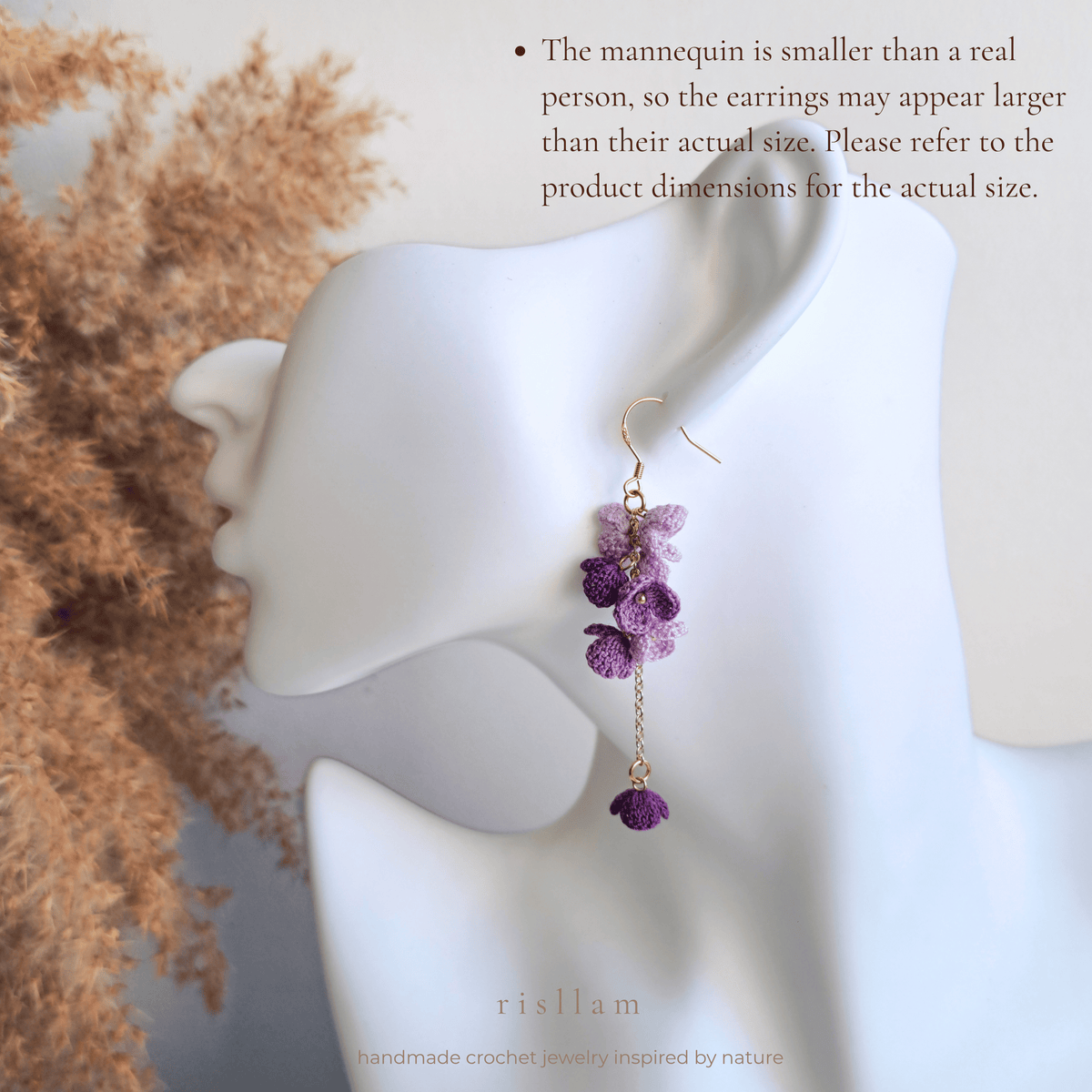 Purple Crochet Flower Dangle Earrings, Micro Crochet Blossom Earrings