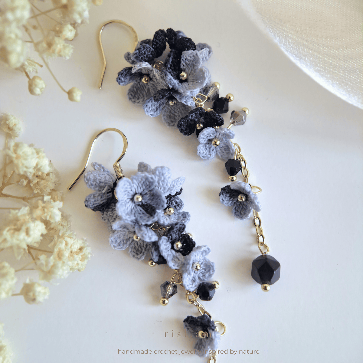 Micro Crochet Black Floral Crystal Dangle Earrings, Black Blossom Cascade Earrings, Romantic floral Statement Earrings, Earrings for Anniversary Dinners