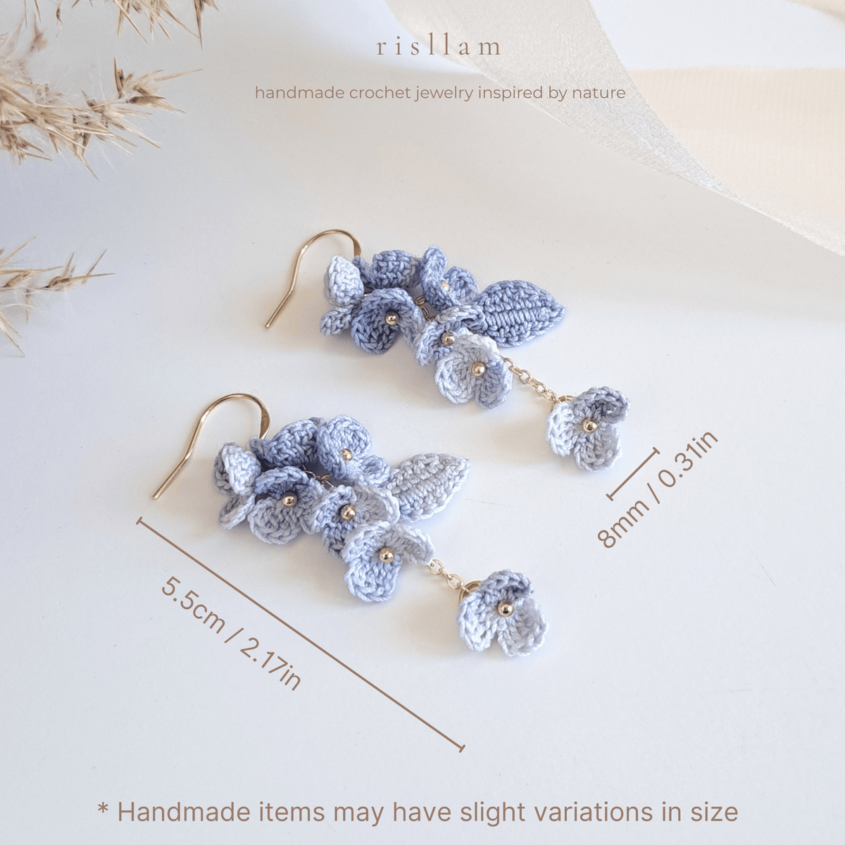 Micro Crochet Blue Flower Dangle Earrings, Handmade Floral Earrings