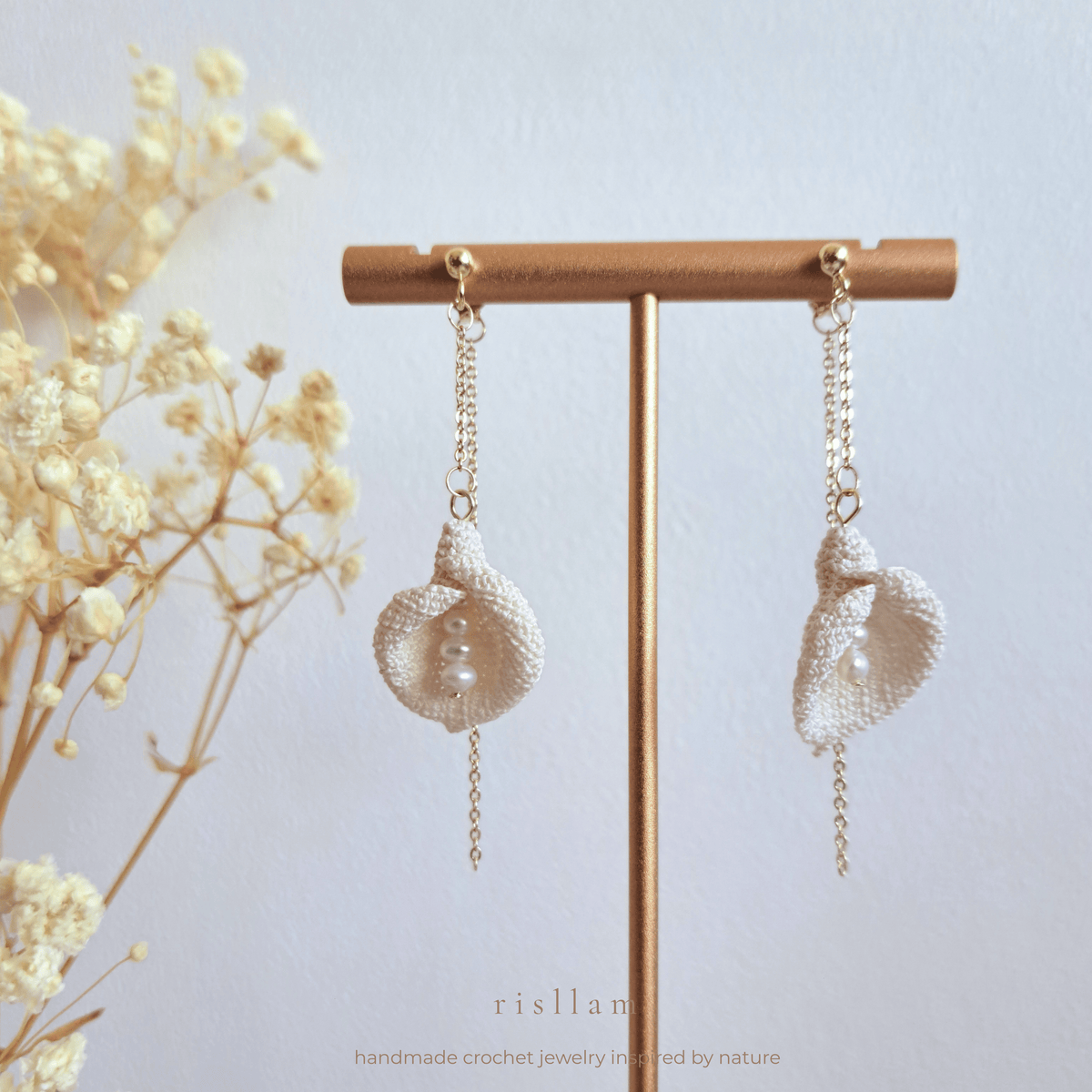 Micro Crochet Calla Lily Earrings, Handmade Lace Flower Dangle Earrings with Fresh Water Pearls, 14K Gold Plated S925 Silver, Gift for Her, Bridal Earrings