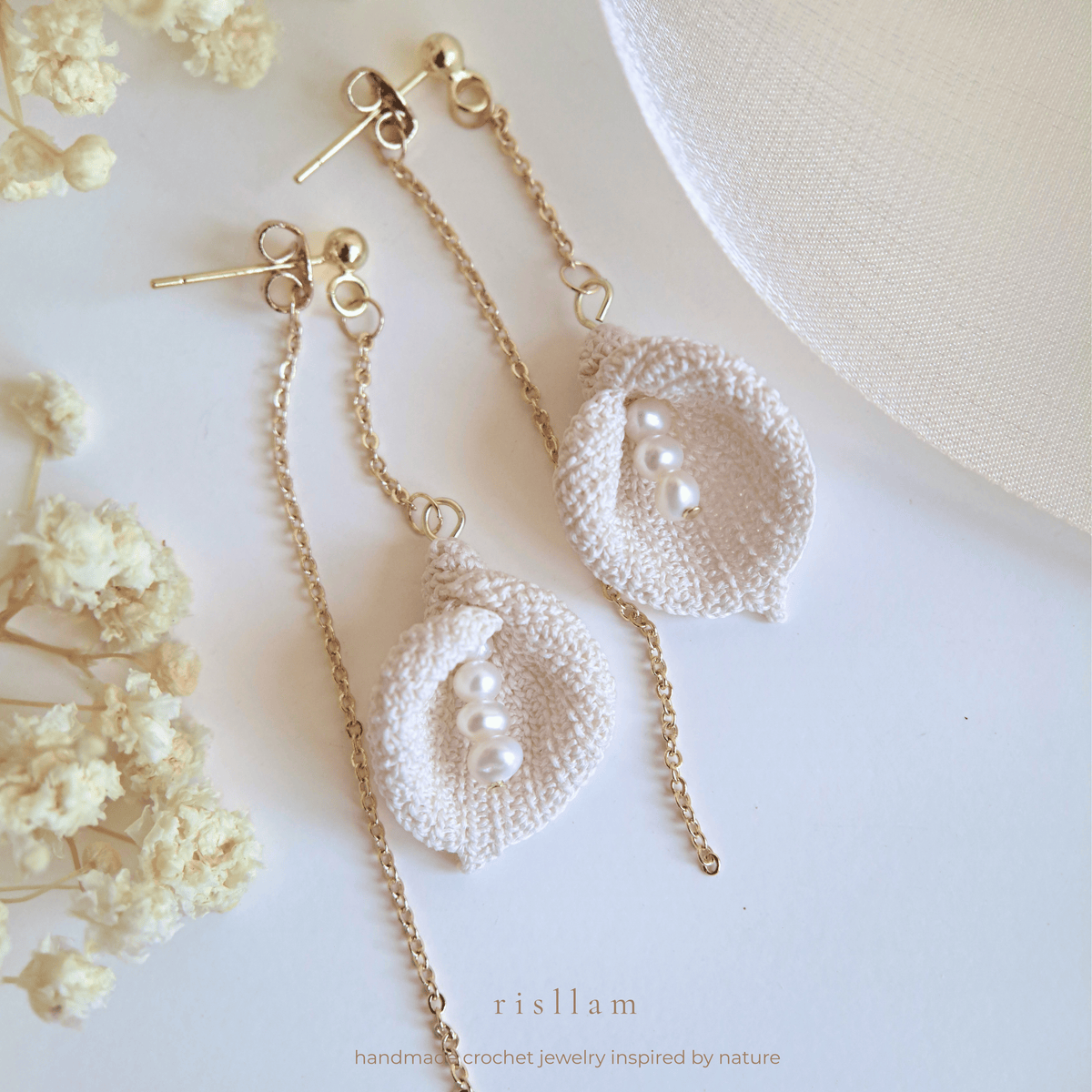 Micro Crochet Calla Lily Earrings, Handmade Lace Flower Dangle Earrings with Fresh Water Pearls, 14K Gold Plated S925 Silver, Gift for Her, Bridal Earrings