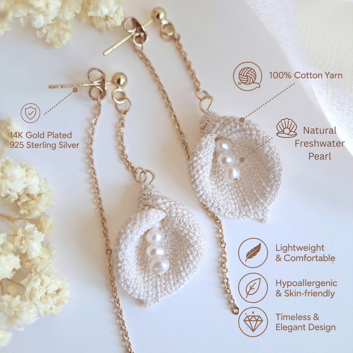 Micro Crochet Calla Lily Earrings, Handmade Lace Flower Dangle Earrings with Fresh Water Pearls, 14K Gold Plated S925 Silver, Gift for Her, Bridal Earrings