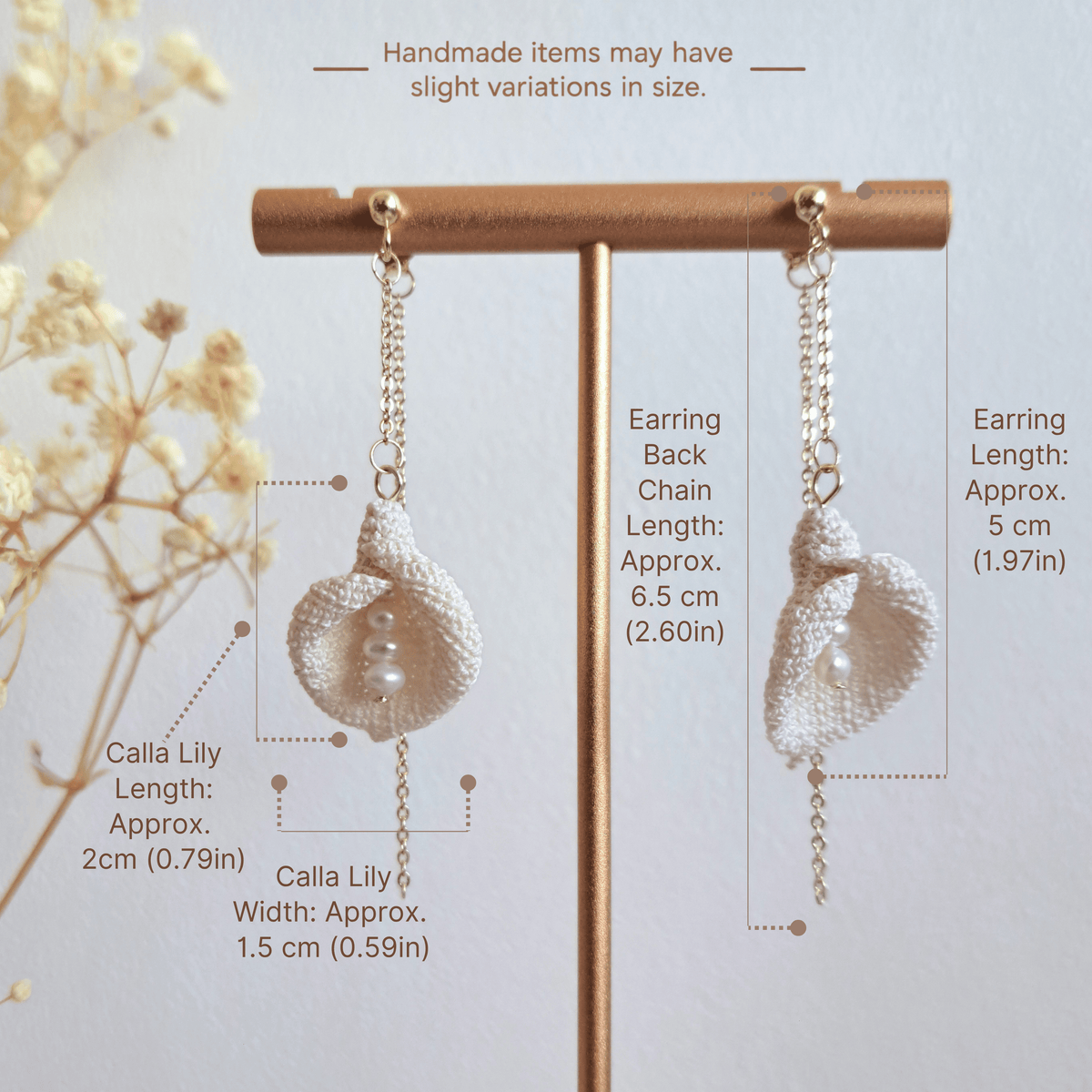 Micro Crochet Calla Lily Earrings, Handmade Lace Flower Dangle Earrings with Fresh Water Pearls, 14K Gold Plated S925 Silver, Gift for Her, Bridal Earrings