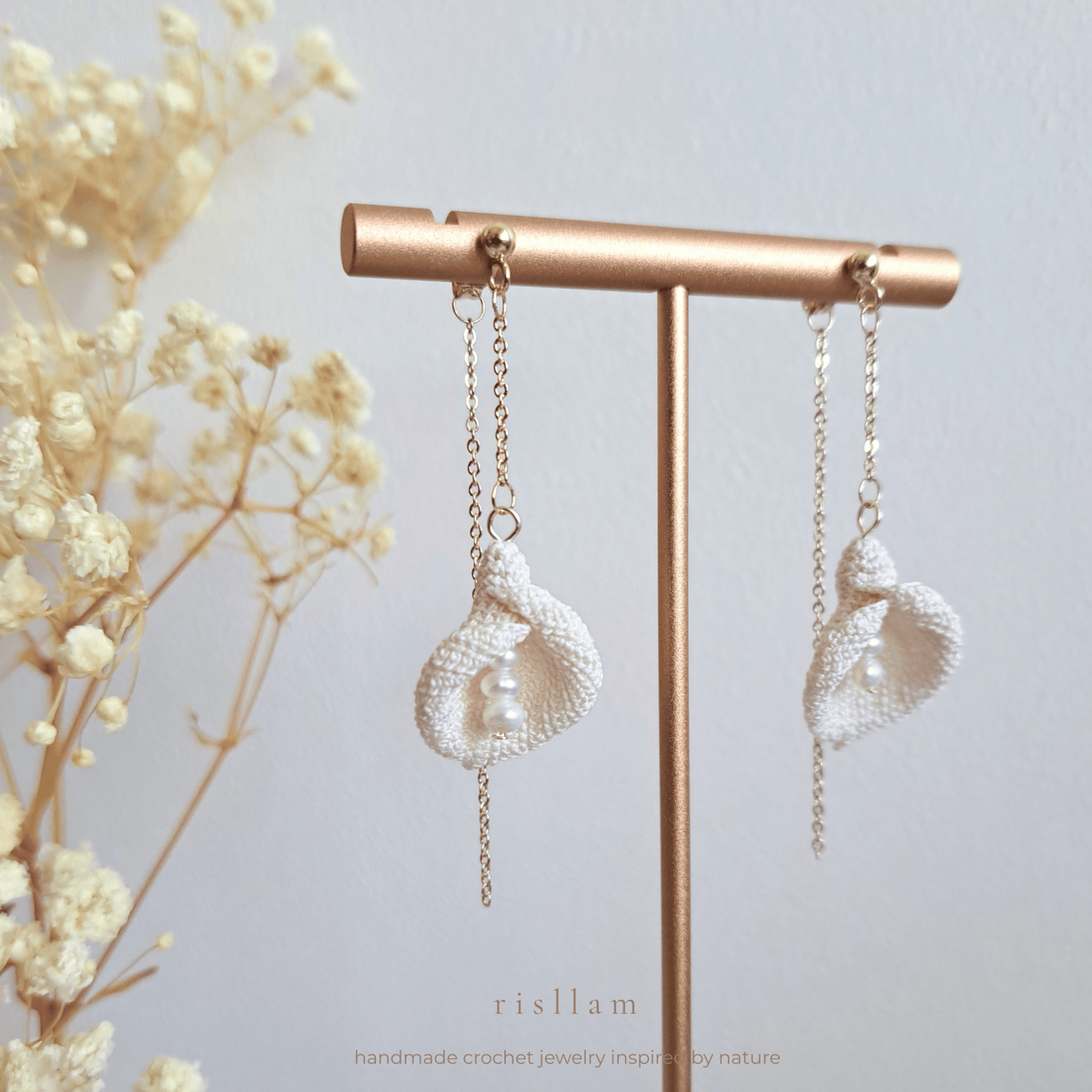 Micro Crochet Calla Lily Earrings, Handmade Lace Flower Dangle Earrings with Fresh Water Pearls, 14K Gold Plated S925 Silver, Gift for Her, Bridal Earrings