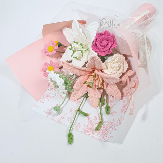 Crochet Lily, Rose & Daisy Bouquet – Pink Paper Wrapped Gift
