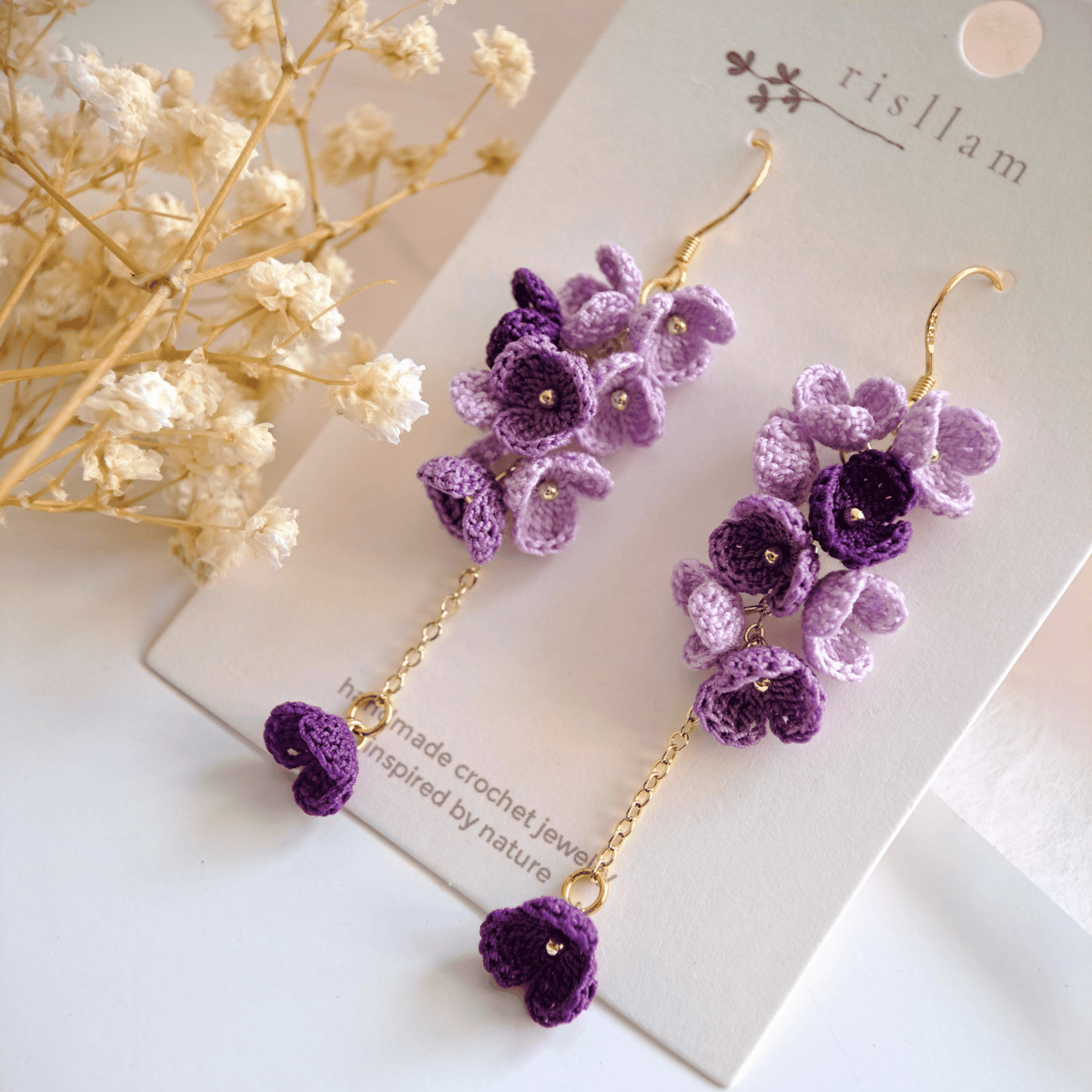 Purple Crochet Flower Dangle Earrings, Micro Crochet Blossom Earrings
