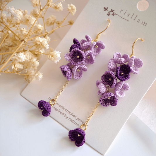Purple Crochet Flower Dangle Earrings, Micro Crochet Blossom Earrings