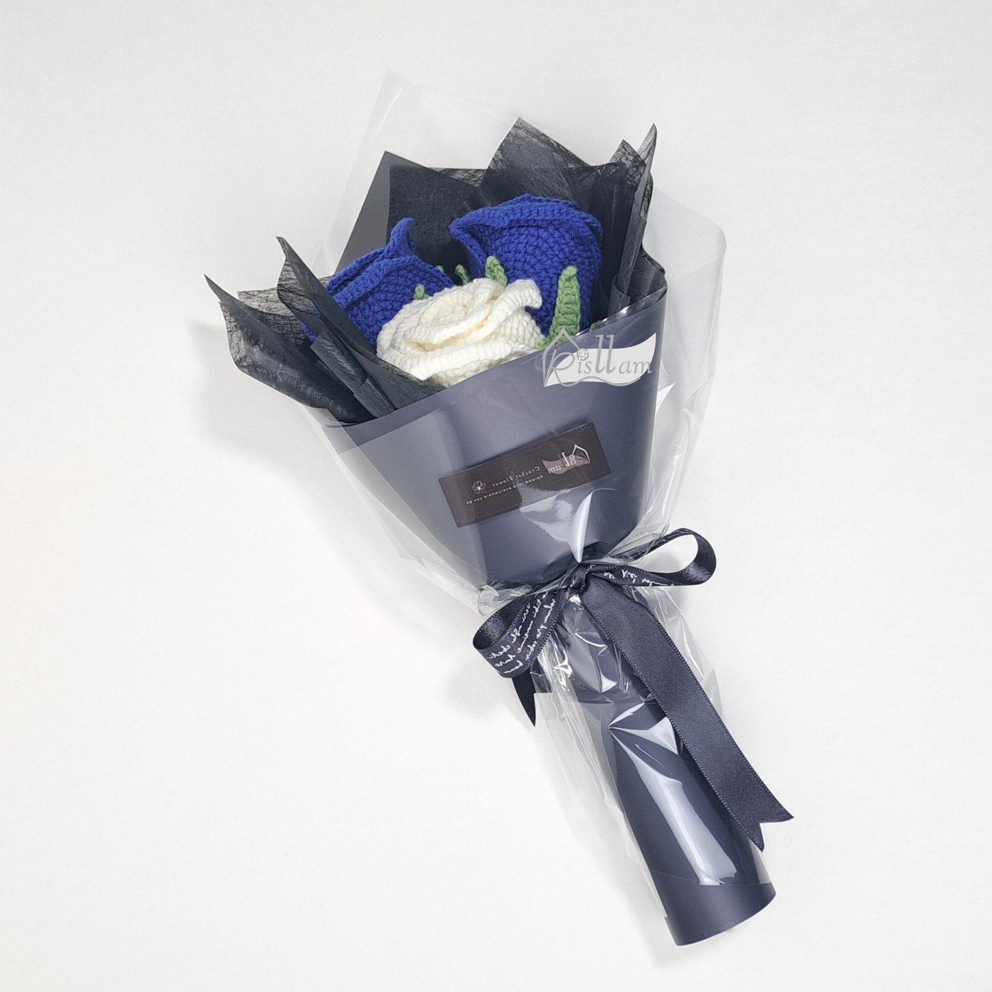 Crochet Steamware Rose 04 Bouquet ( 3 stems ) -Navy Blue & White