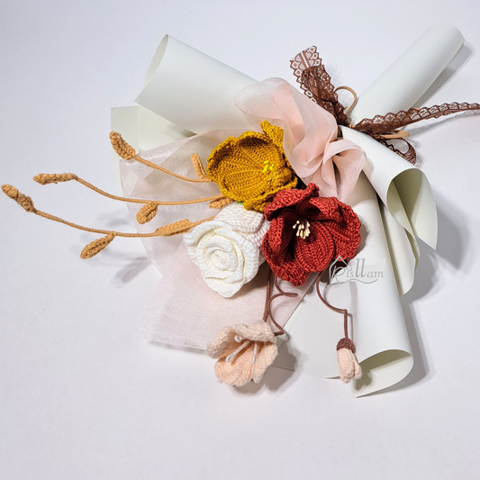 Red & Gold Tulip Crochet Bouquet with White Rose – Cozy Fall-Inspired Gift