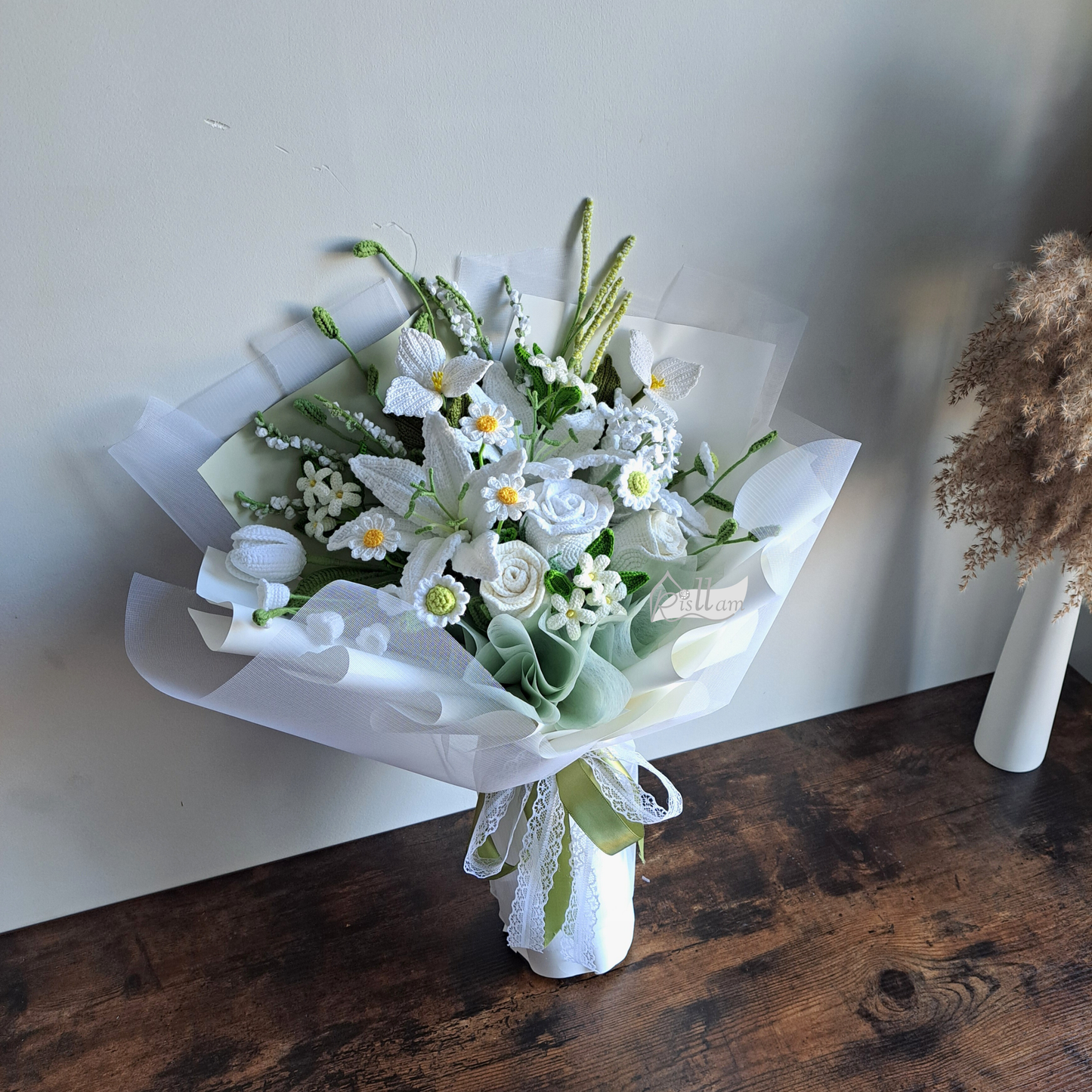 Handmade White Rose & Lily Bridal Shower Bouquet with Greenery