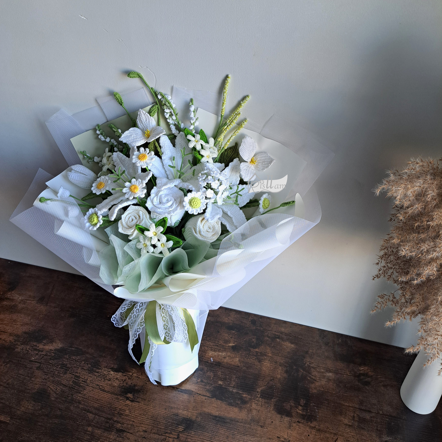Handmade White Rose & Lily Bridal Shower Bouquet with Greenery
