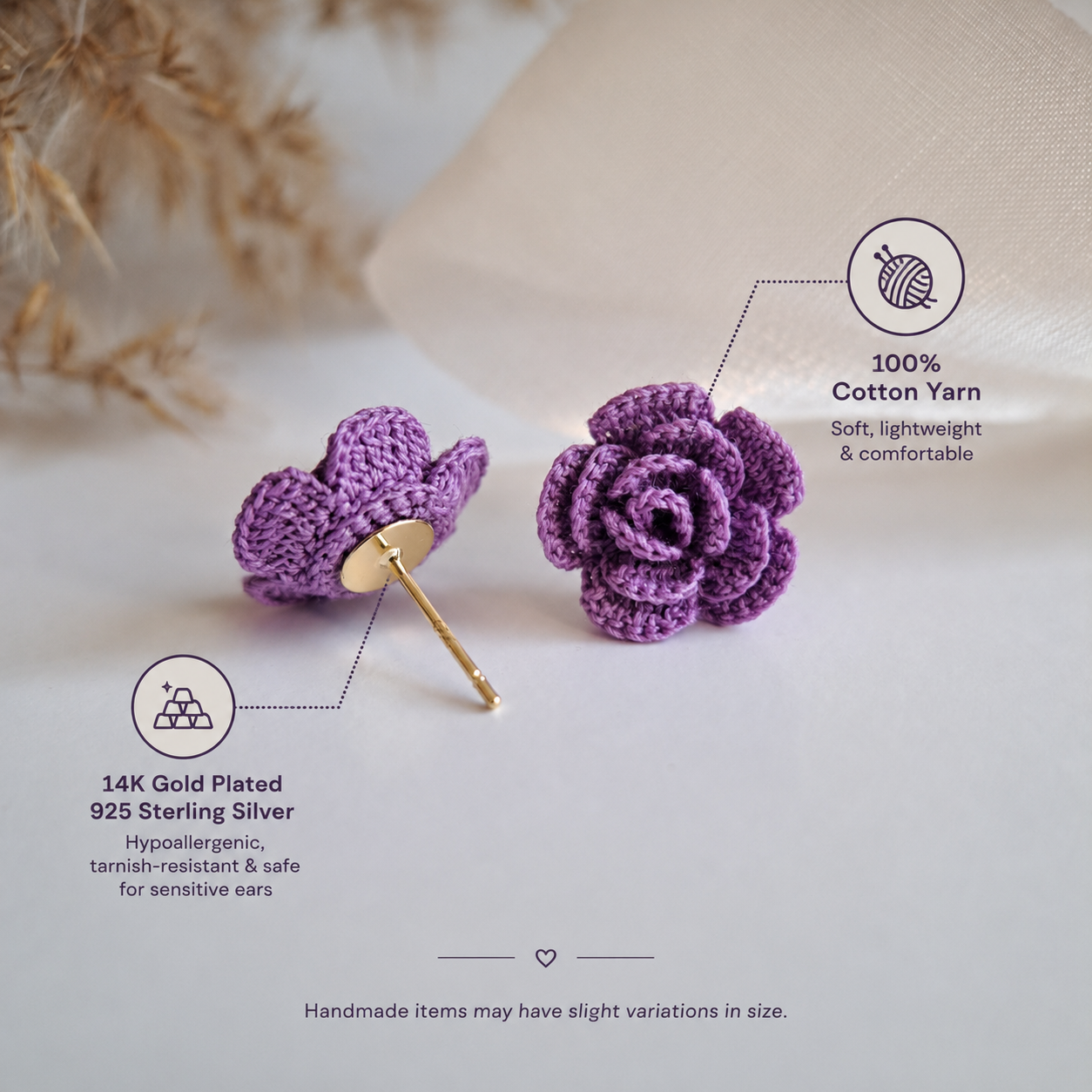 Handmade Crochet Rose Stud Earings -Red, Pink and Purple