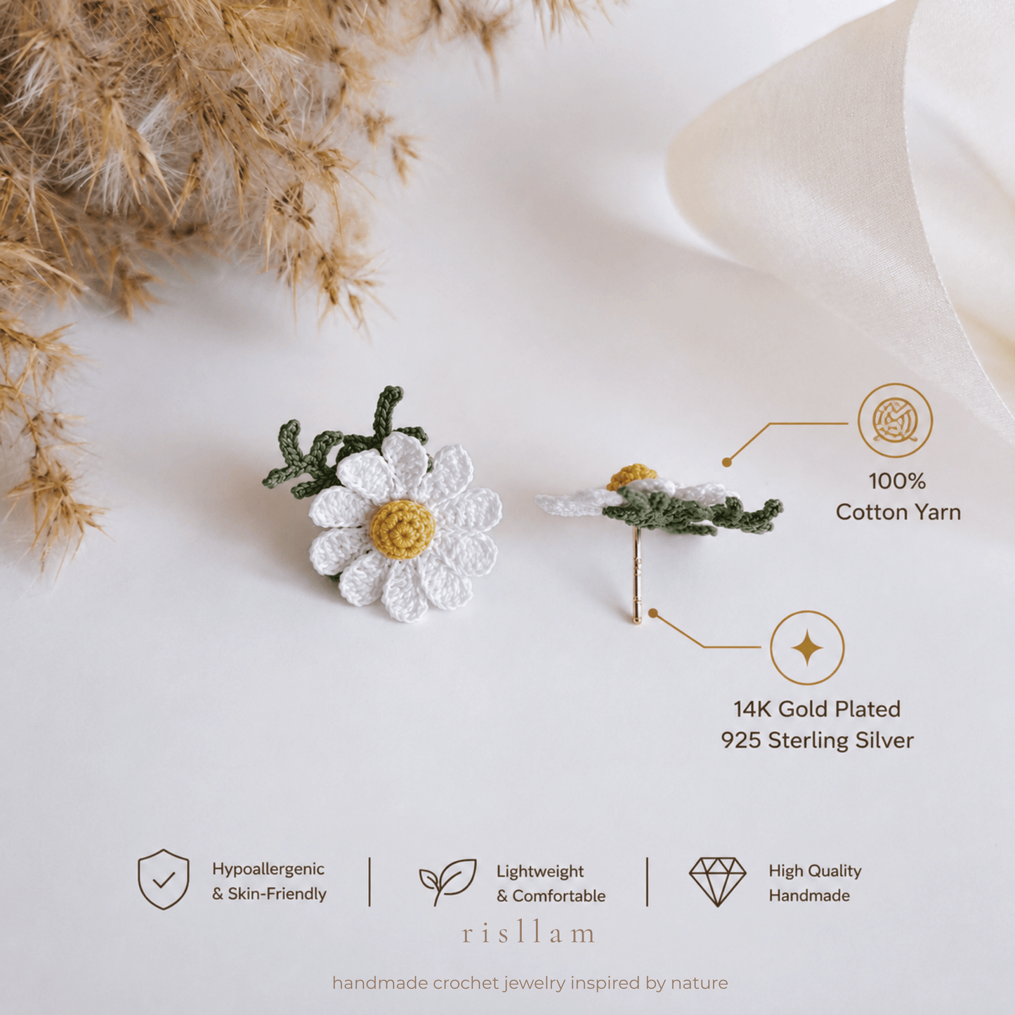 Handmade Crochet Daisy Stud Earings
