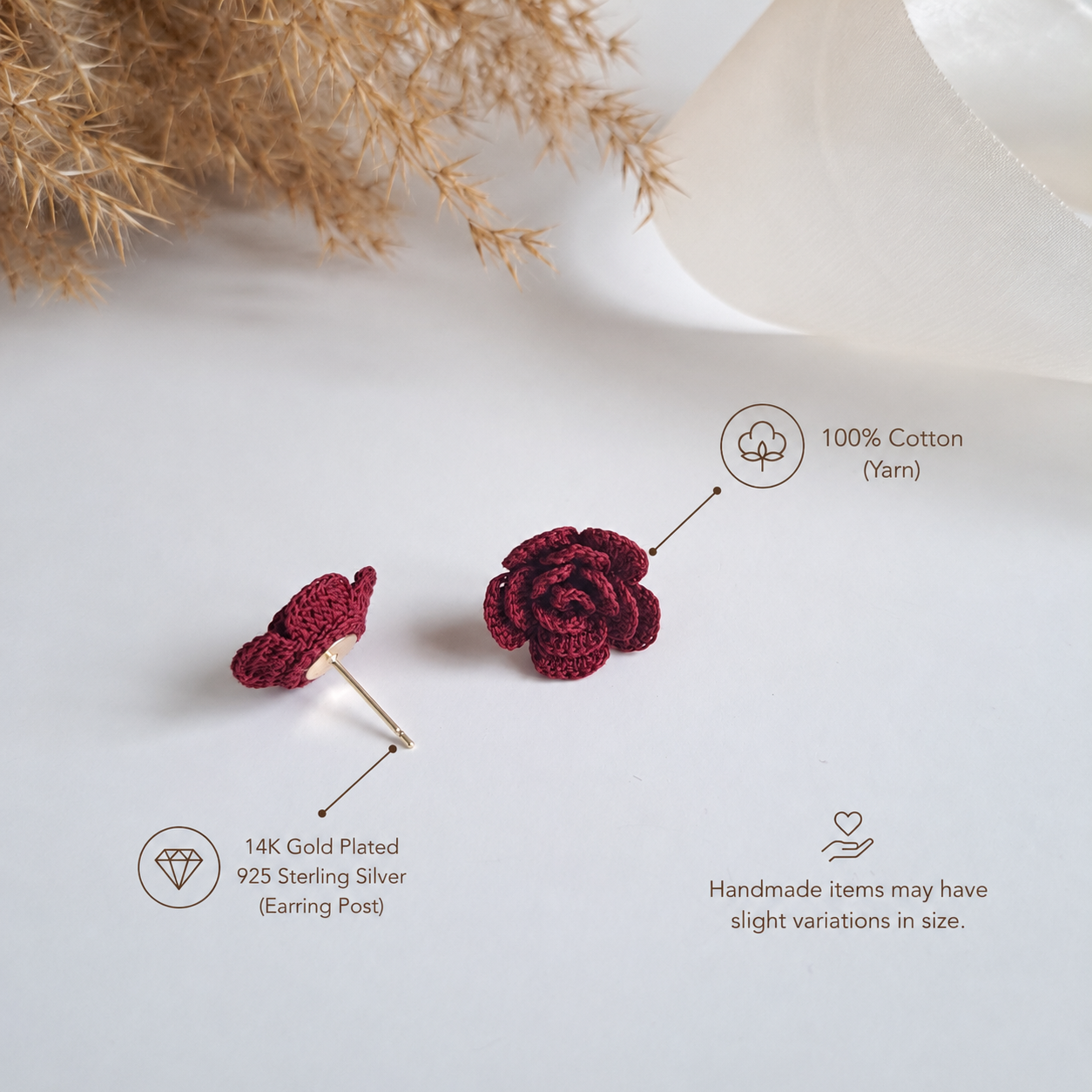 Handmade Crochet Rose Stud Earings