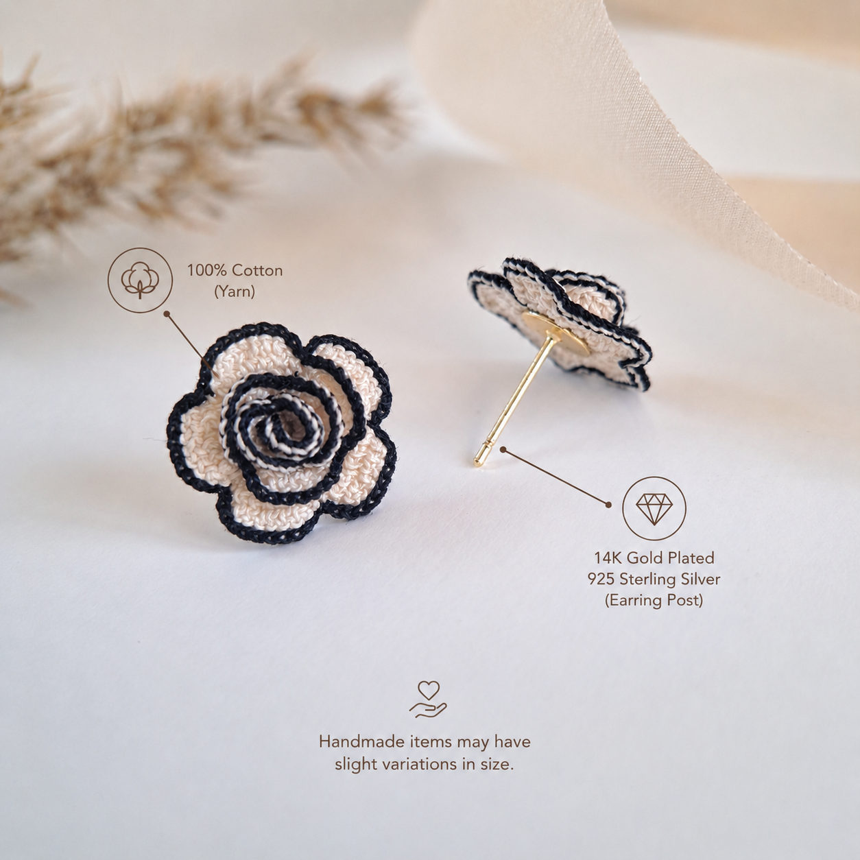 Handmade Crochet Rose Stud Earings